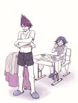  2boys black_hair card checkered_scarf clothes_removed dangan_ronpa facial_hair gambling goatee hairy_legs male_focus momota_kaito multiple_boys new_dangan_ronpa_v3 open_mouth ouma_kokichi pale_face pants playing_card playing_games purple_hair scarf school_uniform shame simple_background slippers smile space_print spiky_hair starry_sky_print straitjacket undressing violet_eyes 