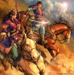  2boys armor belt boots bow_(weapon) brown_hair clouds hakurei_(kingdom) horse kingdom kouyoku_(kingdom) long_hair multiple_boys riding smirk sword weapon yona_(edenkasuga) 