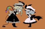  2girls ascot bat_wings black_legwear blonde_hair blue_hair brown_background covering_mouth crystal dress dress_shirt eye_contact face-to-face flandre_scarlet from_side full_body hand_on_hip hand_over_own_mouth hands_on_hips hat hat_ribbon height_difference laevatein laevatein_(tail) light_frown long_sleeves looking_at_another mob_cap multiple_girls pointy_ears profile red_eyes remilia_scarlet ribbon shirt siblings side_ponytail simple_background sisters tail touhou wings yt_(wai-tei) 