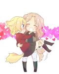  2girls animal_ears blonde_hair blush carrying cat_ears cat_tail chibi closed_eyes couple darjeeling dog_ears dog_tail girls_und_panzer grin happy heart kay_(girls_und_panzer) kemonomimi_mode multiple_girls nori_senbei princess_carry smile standing tail tail_wagging yuri 