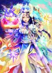  1girl absurdres artist_request black_hair blue_eyes book breasts cleavage crown dragon force_of_will heterochromia highres long_hair lumia_(force_of_will) multicolored_hair smile sword very_long_hair violet_eyes weapon white_hair 