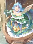  1girl absurdres ahoge bare_shoulders blue_eyes blue_hair blush company_name dress feathered_wings full_body gloves gyakushuu_no_fantasica highres kokka_han official_art open_mouth solo wings 