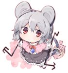  1girl ahoge akagashi_hagane animal_ears basket black_shoes black_skirt bow bowtie capelet chibi dowsing_rod eyebrows_visible_through_hair flower frilled_skirt frills grey_hair hair_between_eyes looking_at_viewer lowres mouse mouse_ears mouse_girl mouse_tail nazrin pink_flower red_bow red_bowtie red_eyes shirt shoes short_hair skirt solo tail touhou transparent_background white_legwear white_shirt 