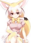 1girl animal_ears blonde_hair blush bow bowtie breast_pocket breasts brown_eyes eyebrows_visible_through_hair fennec_(kemono_friends) fox_ears fox_tail half-closed_eyes hlz kemono_friends multicolored_hair pleated_skirt pocket puffy_short_sleeves puffy_sleeves scrunchie shirt short_hair short_sleeves signature simple_background sitting skirt smile solo sweater tail thigh-highs white_background white_skirt 