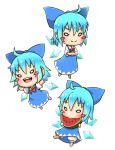  &gt;:) &gt;:d 1girl :d ahoge barefoot bloomers blue_bow blue_dress blue_hair blush_stickers bow bowtie chamaji chibi cirno commentary_request crossed_arms dress eating food fruit hair_between_eyes hair_bow highres ice ice_wings multiple_views neck_ribbon open_mouth outstretched_arms red_bow red_bowtie red_ribbon ribbon short_hair short_sleeves simple_background smile solo spread_arms touhou underwear watermelon white_background white_bloomers wings 