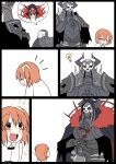  1girl 2boys ahoge armor bandage blush cape cloak comic cosplay crying cu_chulainn_alter_(fate/grand_order) cu_chulainn_alter_(fate/grand_order)_(cosplay) eiri_(eirri) fate/grand_order fate_(series) fujimaru_ritsuka_(female) glowing glowing_eyes hair_ornament hair_scrunchie horns king_hassan_(fate/grand_order) lancer long_sleeves mask multiple_boys orange_hair scrunchie short_hair side_ponytail silent_comic skull skull_mask tears true_assassin twitter_username 