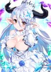  1girl bare_shoulders breasts brown_eyes bucchake_(asami) cleavage dress elbow_gloves gloves granblue_fantasy hat horns izmir large_breasts long_hair looking_at_viewer mole mole_under_mouth pointy_ears solo white_hair 