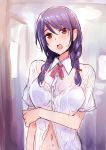  1girl bangs blue_hair blurry blush bra braid breasts depth_of_field goban hair_ornament hair_over_shoulder hairclip highres large_breasts long_hair looking_at_viewer navel neck_ribbon open_mouth purple_hair red_ribbon ribbon school_uniform see-through shirt shokugeki_no_souma short_sleeves sketch solo swept_bangs tadokoro_megumi twin_braids underwear upper_body wet wet_clothes wet_shirt white_bra white_shirt yellow_eyes 