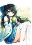 1girl :o alternate_color alternate_eye_color bangs black_hair blue_bow blue_dress blue_eyes blush bow detached_sleeves dress food fruit green_apple hair_bow hair_tubes hakurei_reimu holding holding_fruit japanese_clothes knees_up long_hair long_sleeves looking_at_viewer miko ribbon-trimmed_legwear ribbon-trimmed_sleeves ribbon_trim shinoba sidelocks sitting sleeveless sleeveless_dress solo thigh-highs touhou white_legwear wide_sleeves 