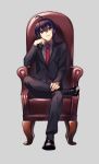  1boy ahoge black_hair chair chin_rest formal highres legs_crossed male_focus namazuo_toushirou necktie sitting smile suit touken_ranbu violet_eyes yuzuki_kaoru 