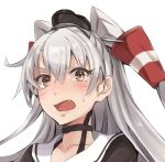  1girl amatsukaze_(kantai_collection) blush brown_eyes choker face fang kantai_collection long_hair open_mouth pokimari silver_hair simple_background solo two_side_up white_background 