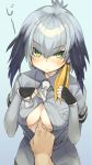  1girl bangs between_breasts black_gloves black_hair blue_background breasts eyebrows_visible_through_hair fingerless_gloves gloves grey_hair grey_shirt hand_between_breasts highres hym9594 kemono_friends large_breasts looking_at_viewer multicolored_hair necktie shirt shoebill_(kemono_friends) short_sleeves solo_focus two-tone_hair white_necktie yellow_eyes 