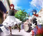  2girls accordion blue_hair blue_sky boots dress flower hair_bun hair_ornament hair_ribbon hairclip highres house instrument long_hair love_live! love_live!_school_idol_project love_live!_sunshine!! multiple_girls one_eye_closed orein outdoors pink_eyes redhead ribbon sakurauchi_riko sheet_music skirt sky smile tree tsushima_yoshiko violin yellow_eyes 