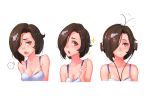  :o ahoge bikini_top breasts brown_hair expression_chart expressionless hair_ornament hair_over_one_eye hairclip headphones index_finger_raised open_mouth orange_eyes pacific short_hair sigh sima_naoteng simple_background sparkle teeth uss_tautog_(ss-199) white_background 