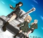  3girls bangs black_boots black_hair black_legwear black_skirt black_vest blonde_hair blue_eyes boots clara_(girls_und_panzer) closed_mouth clouds cloudy_sky commentary_request dated day dutch_angle girls_und_panzer green_jacket ground_vehicle helmet jacket katyusha kv-2 long_hair long_sleeves loriko military military_uniform military_vehicle miniskirt motor_vehicle multiple_girls nonna pleated_skirt pravda_military_uniform pravda_school_uniform red_shirt school_uniform shirt short_hair short_jumpsuit skirt sky smile socks standing swept_bangs tank turtleneck twitter_username uniform upskirt vest 