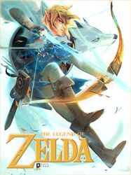  1boy arrow blonde_hair blue_eyes boots bow_(weapon) fingerless_gloves gloves light_arrows link ross_tran shield the_legend_of_zelda the_legend_of_zelda:_breath_of_the_wild weapon wolf 