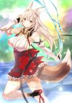  1girl bare_shoulders breasts bridal_gauntlets brown_eyes colored elbow_gloves erect_nipples fox_tail gloves highres huge_breasts long_hair ofuda original ricci sketch smile solo tail thigh-highs white_hair white_legwear 