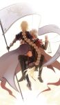  1boy 1girl armor ass back balance_scale blonde_hair braid cape dark_skin fate/apocrypha fate_(series) flag full_body highres kotomine_shirou long_hair looking_at_viewer nyakelap ruler_(fate/apocrypha) thigh-highs weighing_scale white_hair 