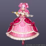  1girl airspace blue_eyes bow capelet company_name drill_hair full_body fur_trim gem gloves grey_background gyakushuu_no_fantasica long_hair official_art open_mouth pink_hair solo sparkle sword teeth tiara twintails weapon 