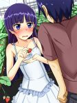  1boy 1girl bangs bare_shoulders black_hair blue_eyes blunt_bangs blurry blush cla_(torinabe) clenched_hand collarbone cupping_hand depth_of_field dress dutch_angle embarrassed eyebrows_visible_through_hair food fruit gokou_ruri highres holding holding_food kousaka_kyousuke long_hair looking_at_another maroon_shirt mole mole_under_eye motion_lines nose_blush ore_no_imouto_ga_konna_ni_kawaii_wake_ga_nai parted_lips plant purple_hair revision short_sleeves spaghetti_strap strawberry sweatdrop wavy_mouth 