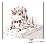  (o)_(o) 1girl comic commentary_request desert egyptian greyscale horns kantai_collection lion long_hair mittens monochrome moomin muppo northern_ocean_hime sand sazanami_konami solo sphinx statue tail twitter_username 