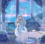  1girl balcony blue_eyes blue_hair cake cup dress fire_emblem fire_emblem:_rekka_no_ken food lijupy long_hair ninian ocean solo_focus tea teacup teapot 