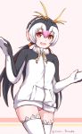  1girl black_hair blush disco_brando eyebrows_visible_through_hair highres jacket kemono_friends long_hair long_sleeves looking_at_viewer multicolored_hair open_mouth panties personification pink_panties royal_penguin_(kemono_friends) smile solo thigh-highs underwear white_hair white_legwear 