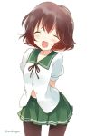  1girl asoka black_legwear brown_hair closed_eyes gradient_hair green_skirt kantai_collection multicolored_hair mutsuki_(kantai_collection) open_mouth pantyhose pleated_skirt redhead school_uniform serafuku short_hair skirt smile solo twitter_username 