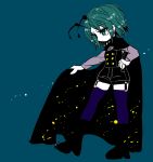  1girl antennae black_boots black_shorts black_vest blue_eyes blue_legwear boots cape expressionless fireflies garter_straps green_hair hand_on_hip looking_down short_hair short_shorts shorts simple_background solo sparkle teal_background thigh-highs touhou vest wriggle_nightbug yt_(wai-tei) 
