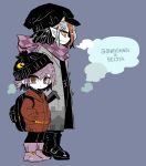  2girls backpack bag belt black_hair boots breath character_name checkered_scarf coat fang_out from_side grey_hair height_difference kijin_seija looking_at_viewer looking_down miracle_mallet multicolored_hair multiple_girls parted_lips pointy_ears profile purple_boots purple_hair purple_scarf red_eyes redhead scarf simple_background skullcap streaked_hair sukuna_shinmyoumaru symbol-shaped_pupils touhou turtleneck violet_eyes windbreaker winter_clothes winter_coat yt_(wai-tei) zipper 