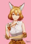  1girl :q animal_ears bare_shoulders blonde_hair bow bowtie elbow_gloves gloves highres joe_(j_studio) kemono_friends licking_lips looking_at_viewer open_mouth pink_background serval_(kemono_friends) serval_ears serval_print shirt short_hair simple_background skirt sleeveless solo tongue tongue_out undressing upper_body 