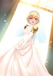  aegis aegis_(persona) android blonde_hair blue_eyes blush bridal_veil dress earphones elbow_gloves gloves highres looking_at_viewer open_mouth persona persona_3 petals robot_joints short_hair smile twrlare veil wedding_dress 