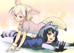  2girls all_fours animal_ears bent_over blush bow bowtie collared_shirt eyebrows_visible_through_hair fang fennec_(kemono_friends) fox_ears fox_tail fur_collar gloves gradient_hair half-closed_eyes kemono_friends lying multicolored_hair multiple_girls on_stomach open_mouth pantyhose pleated_skirt puffy_short_sleeves puffy_sleeves raccoon_(kemono_friends) raccoon_ears raccoon_tail shirt short_hair short_sleeves skirt smile sweater_vest tail two-tone_hair 