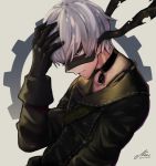  1boy android blindfold blue_eyes buttons choker collarbone eyelashes gears gloves hand_on_head male_focus nier_(series) nier_automata pale_skin signature simple_background solo strap upper_body white_hair yorha_no._9_type_s 