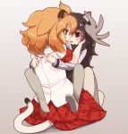  animal_ears antlers black_hair blonde_hair brown_eyes brown_hair hair_between_eyes highres hug kemono_friends lion_(kemono_friends) lion_ears lion_tail long_hair long_sleeves lya_nko moose_(kemono_friends) moose_ears multiple_girls scarf short_hair skirt tail 