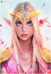  1girl blonde_hair blue_eyes forehead_jewel lips long_hair nose petals pointy_ears portrait princess_zelda revision ross_tran solo tattoo the_legend_of_zelda thick_eyebrows tiara triforce 