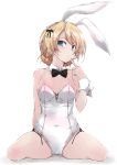  1girl animal_ears blonde_hair blue_eyes braid breasts bunny_girl bunnysuit covered_navel darjeeling detached_collar fake_animal_ears finger_to_mouth girls_und_panzer looking_at_viewer rabbit_ears short_hair simple_background sitting solo tied_hair wariza white_background wrist_cuffs yumesato_makura 