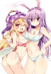  2girls :d ;d animal_ears ass asymmetrical_docking bikini blonde_hair breast_press breasts cleavage clownpiece contrapposto eyebrows_visible_through_hair fangs front-tie_top hair_between_eyes hand_on_hip hat heart heart-shaped_pupils highres jewelry long_hair maturiuta_sorato medium_breasts multiple_girls navel necklace one_eye_closed open_mouth pink_bikini pointy_ears purple_hair rabbit_ears red_eyes reisen_udongein_inaba side-tie_bikini simple_background smile striped striped_bikini swimsuit symbol-shaped_pupils touhou twisted_torso w white_background wings 