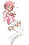  1girl blush cardigan cosplay eyebrows_visible_through_hair gochuumon_wa_usagi_desu_ka? heart hoto_cocoa hoto_cocoa_(cosplay) long_sleeves looking_at_viewer mel_(melty_pot) no_shoes nonohara_yuzuko open_mouth pink_eyes pink_hair pink_sweater school_uniform serafuku skirt smile solo sweater thigh-highs white_legwear white_skirt yuyushiki 