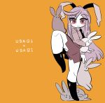  1girl animal_ears ass black_necktie blush ears_down expressionless leg_up long_hair necktie no_panties orange_background pink_eyes purple_hair rabbit_ears reisen_udongein_inaba simple_background solo standing standing_on_one_leg touhou very_long_hair yt_(wai-tei) 