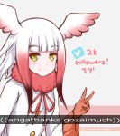  1girl crested_ibis_(kemono_friends) disco_brando eyebrows_visible_through_hair followers kemono_friends long_sleeves multicolored_hair neck_ruff simple_background smile thank_you twitter twitter_username two-tone_hair v white_hair yellow_eyes 