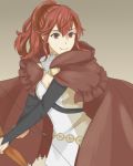  1girl anna_(fire_emblem) arrow bow_(weapon) cloak fire_emblem fire_emblem:_kakusei fire_emblem_if hakirino highres holding holding_weapon looking_at_viewer ponytail red_eyes redhead simple_background smile solo solo_focus weapon 