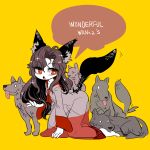  1girl animal_ears bangs barefoot brooch brown_hair dress english eyes_visible_through_hair imaizumi_kagerou jewelry kneeling lavender_dress legs long_hair open_mouth red_dress red_eyes see-through simple_background solo sparkle symbol-shaped_pupils tail thighs touhou very_long_hair wolf wolf_ears wolf_tail yellow_background yt_(wai-tei) 