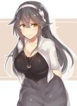  1girl alternate_costume arms_behind_back black_hair black_shirt blush breasts casual check_commentary cleavage collarbone commentary_request contemporary grey_skirt hair_between_eyes hairband haruna_(kantai_collection) headgear jacket jewelry kantai_collection large_breasts long_hair long_sleeves pendant shirt skirt skirt_set smile solo white_jacket yamaarashi yellow_eyes 