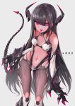  1girl :p bare_shoulders bikini_top black_hair cancell claws collar elbow_gloves gloves highres horns long_hair looking_at_viewer navel original pantyhose pink_eyes simple_background solo tail tongue tongue_out 