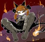  1girl animal_ears black_skirt bow braid cat_ears couch extra_ears feet fire flame frilled_skirt frills grey_shirt hair_bow half-closed_eyes kaenbyou_rin long_sleeves looking_at_viewer no_shoes pointy_ears red_background redhead shiny shiny_clothes shiny_hair shirt simple_background skirt slit_pupils solo sparkle spread_legs thighs toes touhou twin_braids yellow_eyes yt_(wai-tei) 