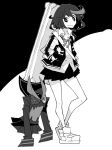  1girl dowman_sayman greyscale hands_in_pockets jacket kill_la_kill living_clothes matoi_ryuuko monochrome school_uniform senketsu short_hair skirt smile 