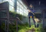  1girl black_legwear bolt_action chair classroom desk gun lens_flare long_hair original pantyhose rifle ruins school_uniform sniper_rifle solo twintails weapon yasumo_(kuusouorbital) 