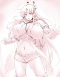  1girl breasts character_request cleavage goban hair_tubes huge_breasts long_hair midriff monochrome navel open_mouth outstretched_arm panties short_shorts shorts solo thigh-highs underwear 