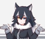  1girl animal_ears bangs black_hair black_jacket closed_mouth disco_brando fur_trim gloves grey_gloves grey_wolf_(kemono_friends) hair_between_eyes heterochromia jacket kemono_friends long_hair multicolored_hair smile solo twitter_username two-tone_hair upper_body white_hair wolf_ears 